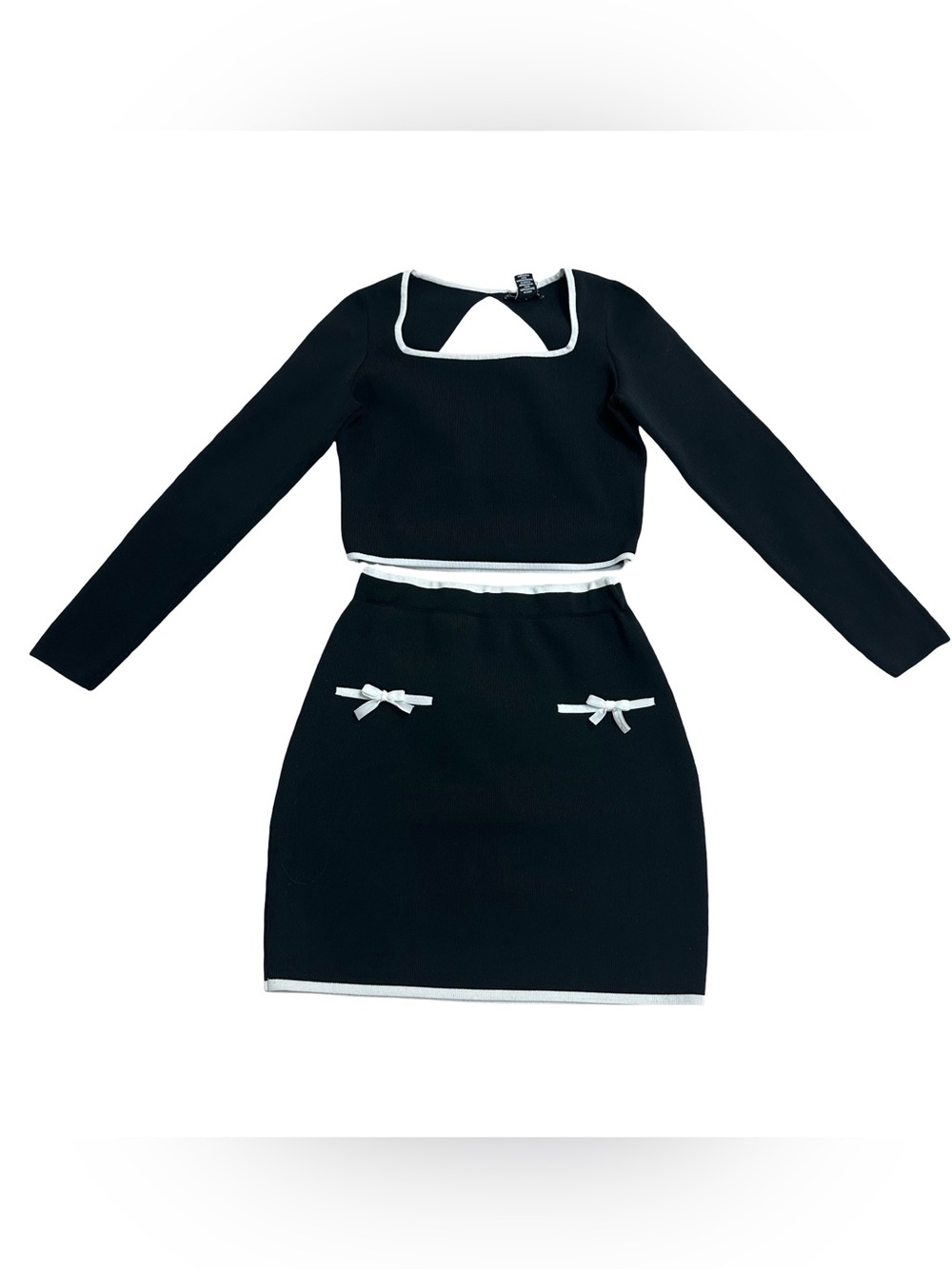 Black Knit Two-Piece Skirt Set and Bow Details